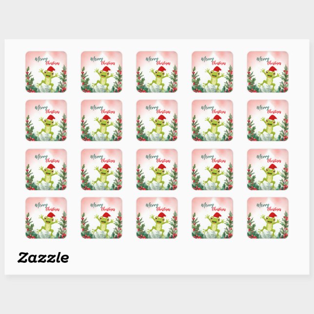 Cute Red Merry Christmas frog Santa Xmas party Square Sticker (Sheet)