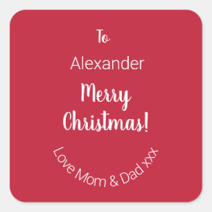 Cute Red Merry Christmas From Mom and Dad Square Sticker