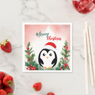 Cute Red Merry Christmas penguin Santa Xmas party Napkin
