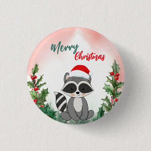 Cute Red Merry Christmas Raccoon Santa Xmas party 1 Inch Round Button