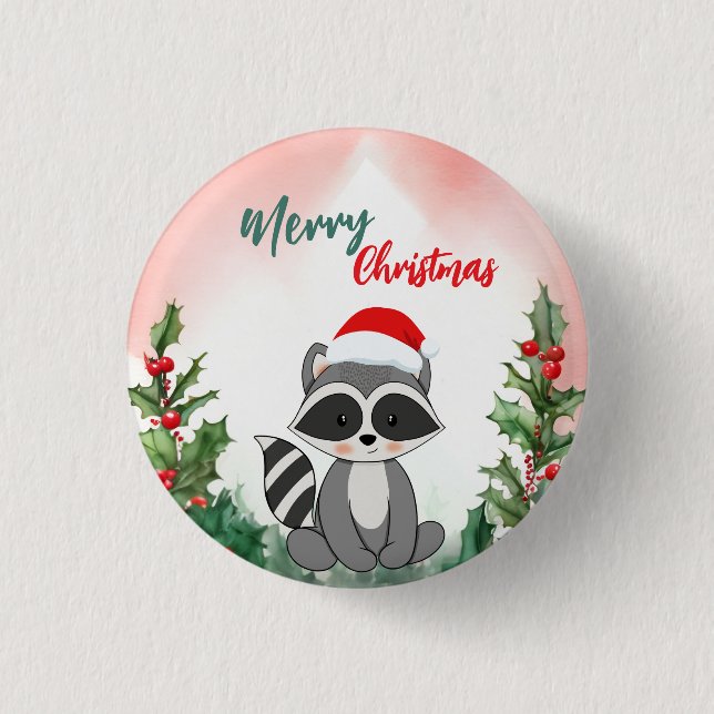 Cute Red Merry Christmas Raccoon Santa Xmas party 1 Inch Round Button (Front)