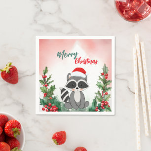 Cute Red Merry Christmas Raccoon Santa Xmas party Napkin