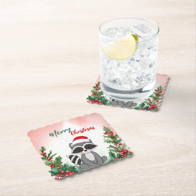 Cute Red Merry Christmas Raccoon Santa Xmas party Paper Coaster (Insitu)