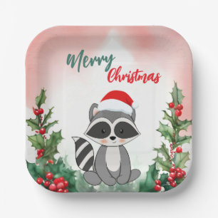 Cute Red Merry Christmas Raccoon Santa Xmas party Paper Plate