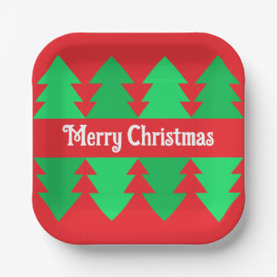 Cute Red Merry Christmas Simple Tree Design Paper Plate