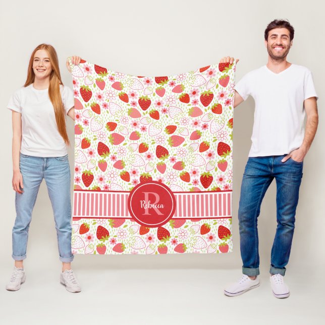 Cute Red Monogram Floral Strawberry Pattern Fleece Blanket (In Situ)