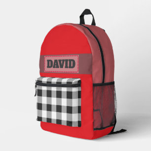 Cute Red Monogram Stitched Patch Buffalo Plaid Printed Backpack