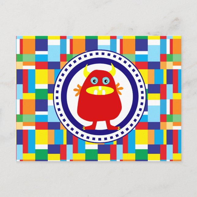 Cute Red Monster on Colourful Patchwork Blocks Postcard (Front)