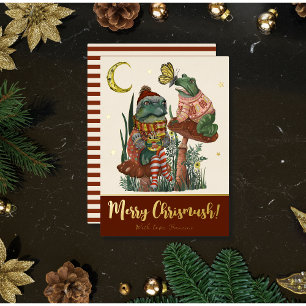 Cute Red Mushroom Frog and Toad Merry Christmas Fo Foil Holiday Card