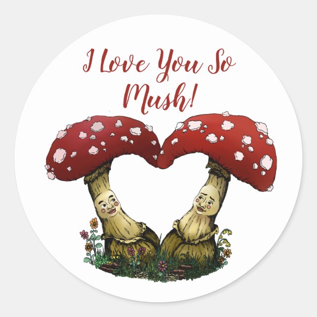 Cute Red Mushroom Pun I Love You Valentine's Day Classic Round Sticker (Front)