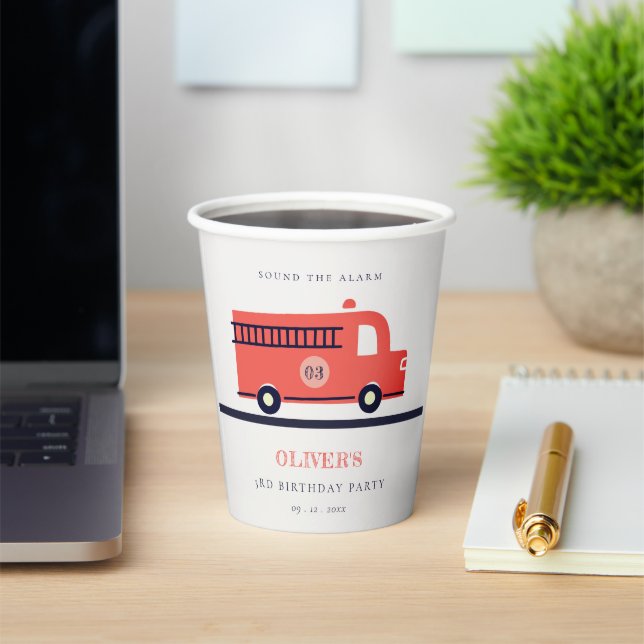 Cute Red Navy Fire Truck Engine Any Age Birthday Paper Cups (Insitu)