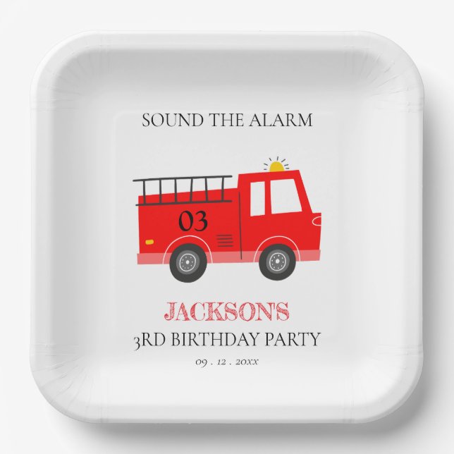 Cute Red Navy Fire Truck Engine Any Age Birthday Paper Plate (Front)