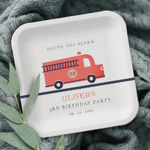 Cute Red Navy Fire Truck Engine Any Age Birthday Paper Plate
