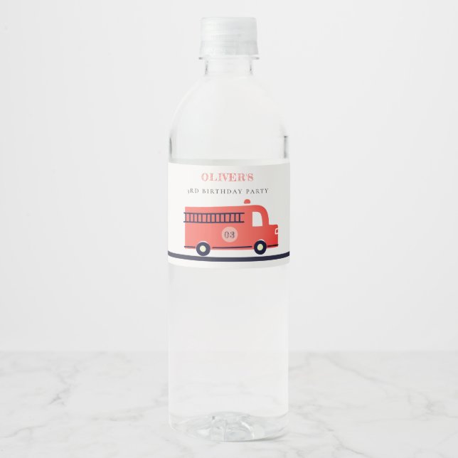 Cute Red Navy Fire Truck Engine Any Age Birthday  Water Bottle Label (Front)
