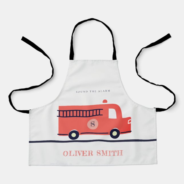 Cute Red Navy Fire Truck Engine Monogram Boys Apron (Front)