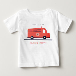 Cute Red Navy Fire Truck Engine Monogram Boys Baby T-Shirt
