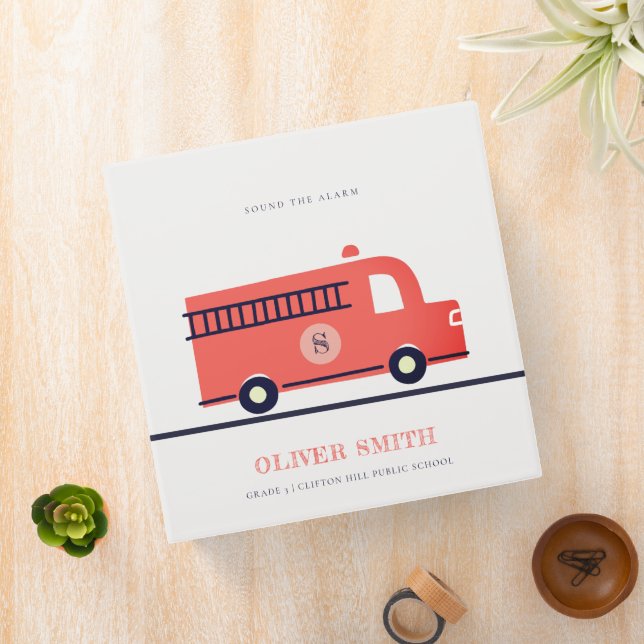 Cute Red Navy Fire Truck Engine Monogram Boys Binder (In Situ)