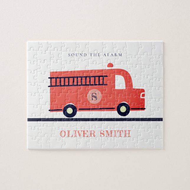 Cute Red Navy Fire Truck Engine Monogram Boys Jigsaw Puzzle (Horizontal)