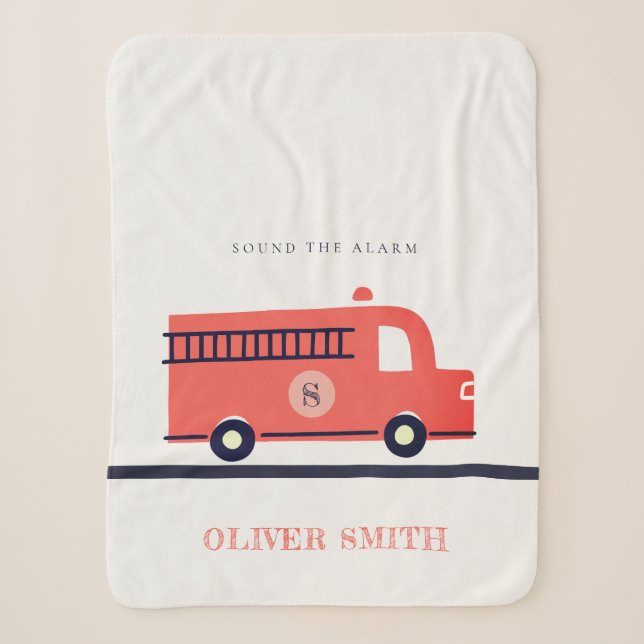 Cute Red Navy Fire Truck Engine Monogram Boys Sherpa Blanket (Front)
