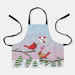 Cute Red Northern Cardinals Love Winter Landscape Apron