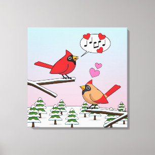Cute Red Northern Cardinals Love Winter Landscape Canvas Print