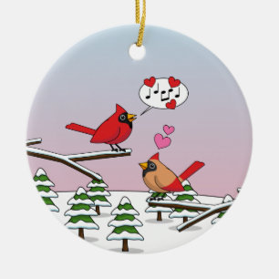 Cute Red Northern Cardinals Love Winter Landscape Ceramic Ornament