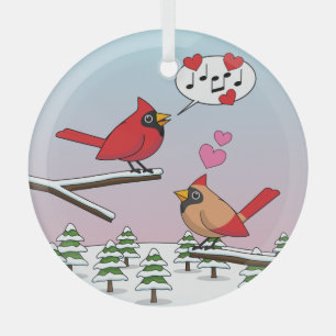 Cute Red Northern Cardinals Love Winter Landscape Glass Ornament