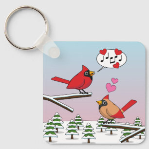 Cute Red Northern Cardinals Love Winter Landscape Keychain