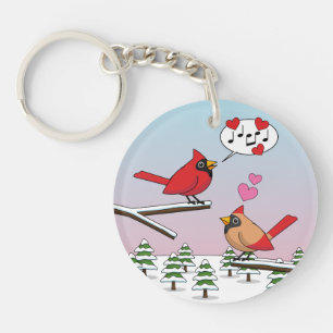 Cute Red Northern Cardinals Love Winter Landscape Keychain