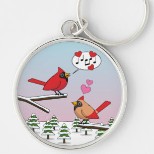Cute Red Northern Cardinals Love Winter Landscape Keychain