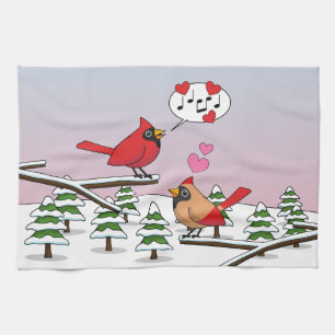 Cute Red Northern Cardinals Love Winter Landscape Kitchen Towel