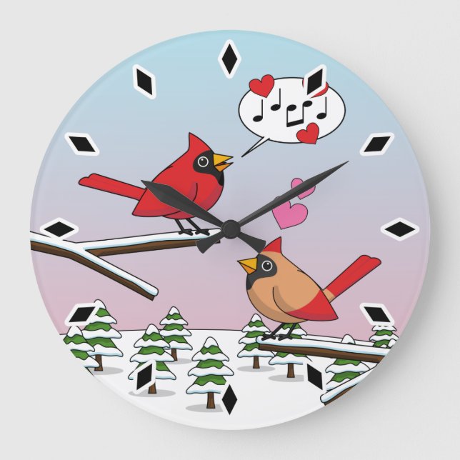 Cute Red Northern Cardinals Love Winter Landscape Large Clock (Front)