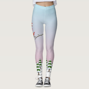 Cute Red Northern Cardinals Love Winter Landscape Leggings