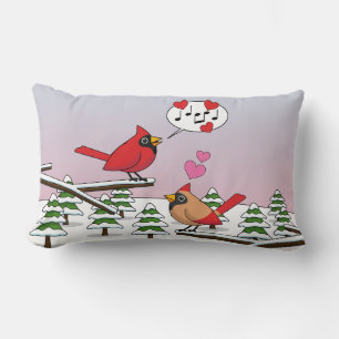 Cute Red Northern Cardinals Love Winter Landscape Lumbar Pillow