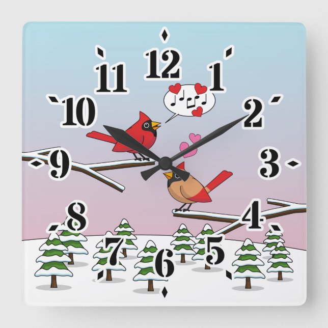 Cute Red Northern Cardinals Love Winter Landscape Square Wall Clock (Front)