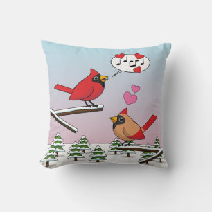 Cute Red Northern Cardinals Love Winter Landscape Throw Pillow