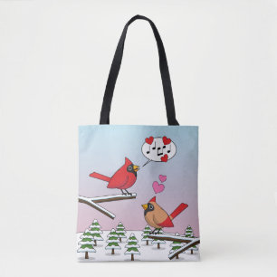 Cute Red Northern Cardinals Love Winter Landscape Tote Bag