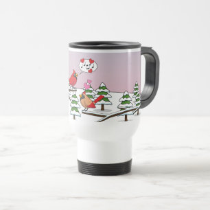 Cute Red Northern Cardinals Love Winter Landscape Travel Mug