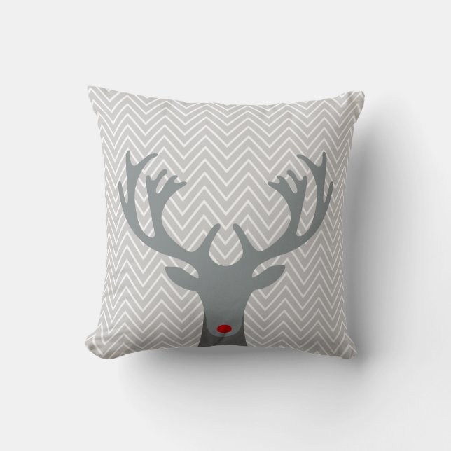 Cute Red Nose Reindeer Chevron Pattern Throw Pillow (Front)