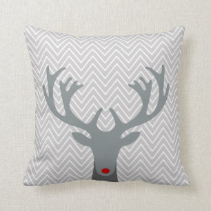Cute Red Nose Reindeer Chevron Pattern Throw Pillow