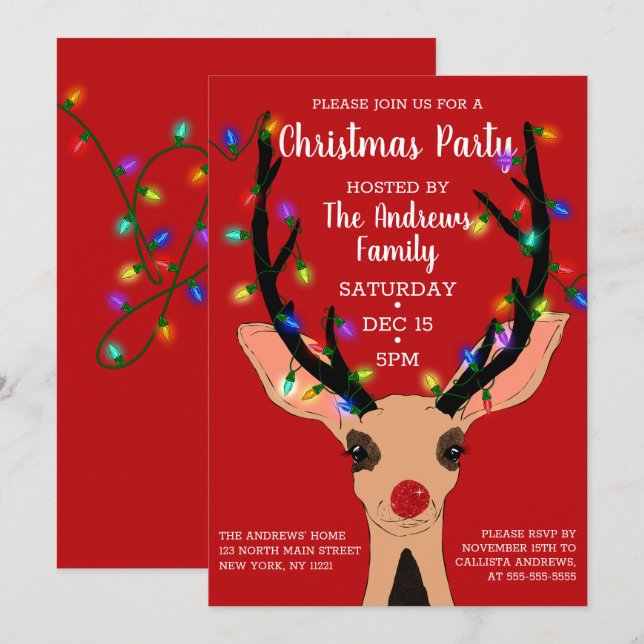 Cute Red Nose Reindeer Glowing Lights Christmas Invitation (Front/Back)