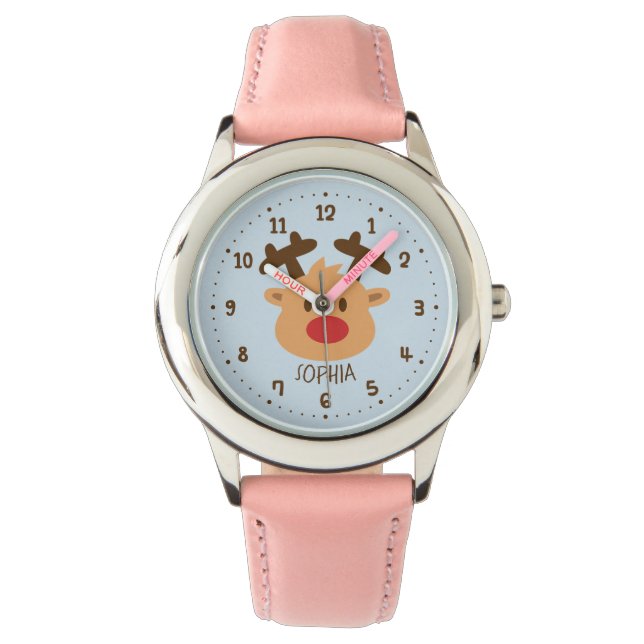Cute Red Nosed Reindeer Kids Personalized Watch (Front)