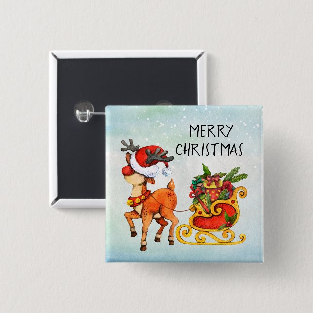 Cute red -nosed reindeer pulling sleigh Christmas 2 Inch Square Button (Front & Back)