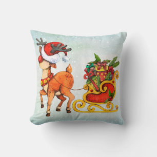 Cute red -nosed reindeer pulling sleigh Christmas  Throw Pillow