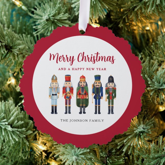 Cute Red Nutcracker Merry Christmas Ornament Card (Insitu (Tree))