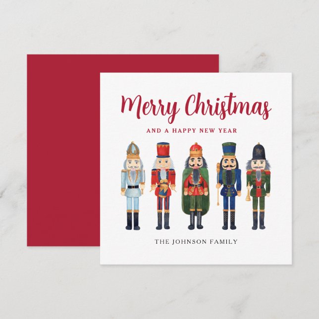 Cute Red Nutcracker Merry Christmas Square Holiday Card (Front/Back)