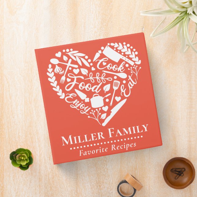 Cute Red Orange Family Name Heart Recipe Cookbook Binder (In Situ)