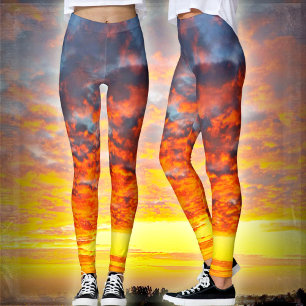 Cute red orange yellow & blue clouds sunrise photo leggings