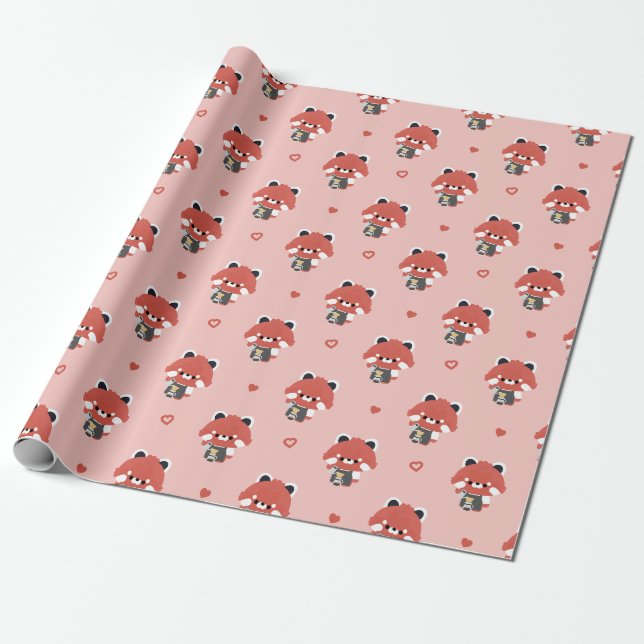 Cute Red Panda Barista Wrapping Paper (Unrolled)