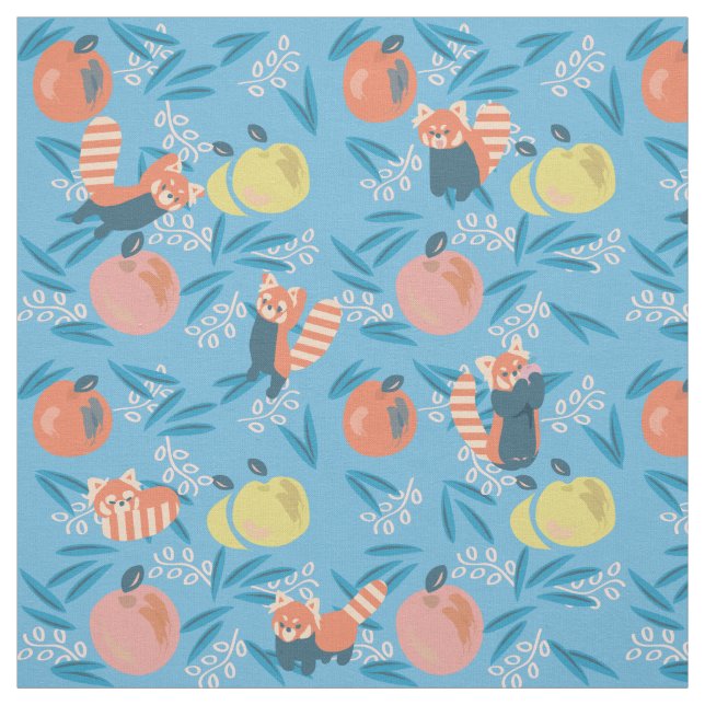 Cute 'Red Panda' Blue Apple Pattern Fabric (Swatch)